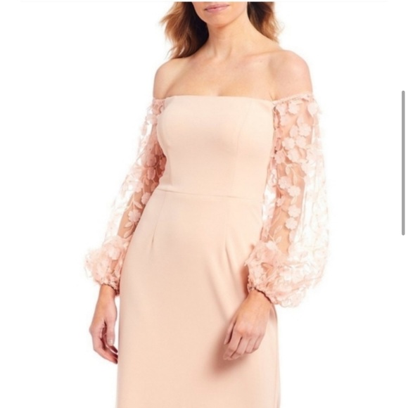 ELIZA J OFF SHOULDER GOWN WITH FLORAL SLEEVES - Picture 4 of 6